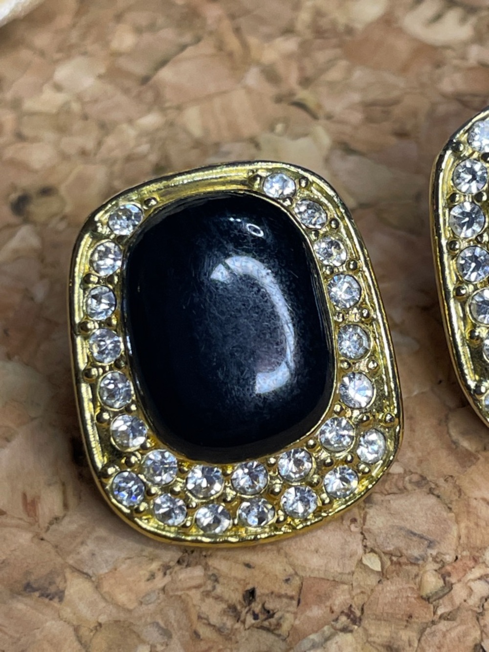 Vintage Roman 1989s Gold-Tone Black Enamel & Crystal Earrings - Picture 2 of 4